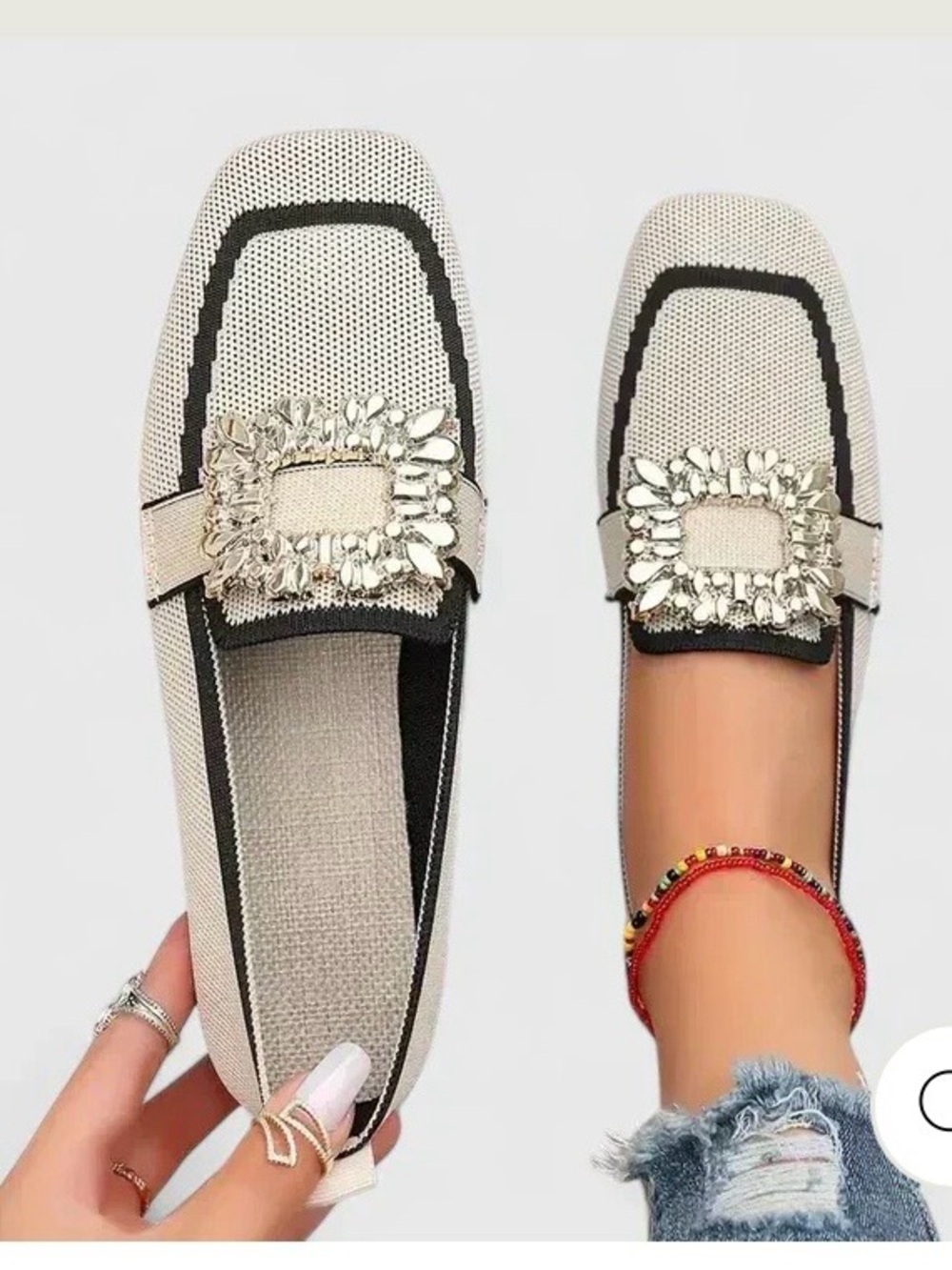 Crystal Buckle Ivory Loafers with Black Trim